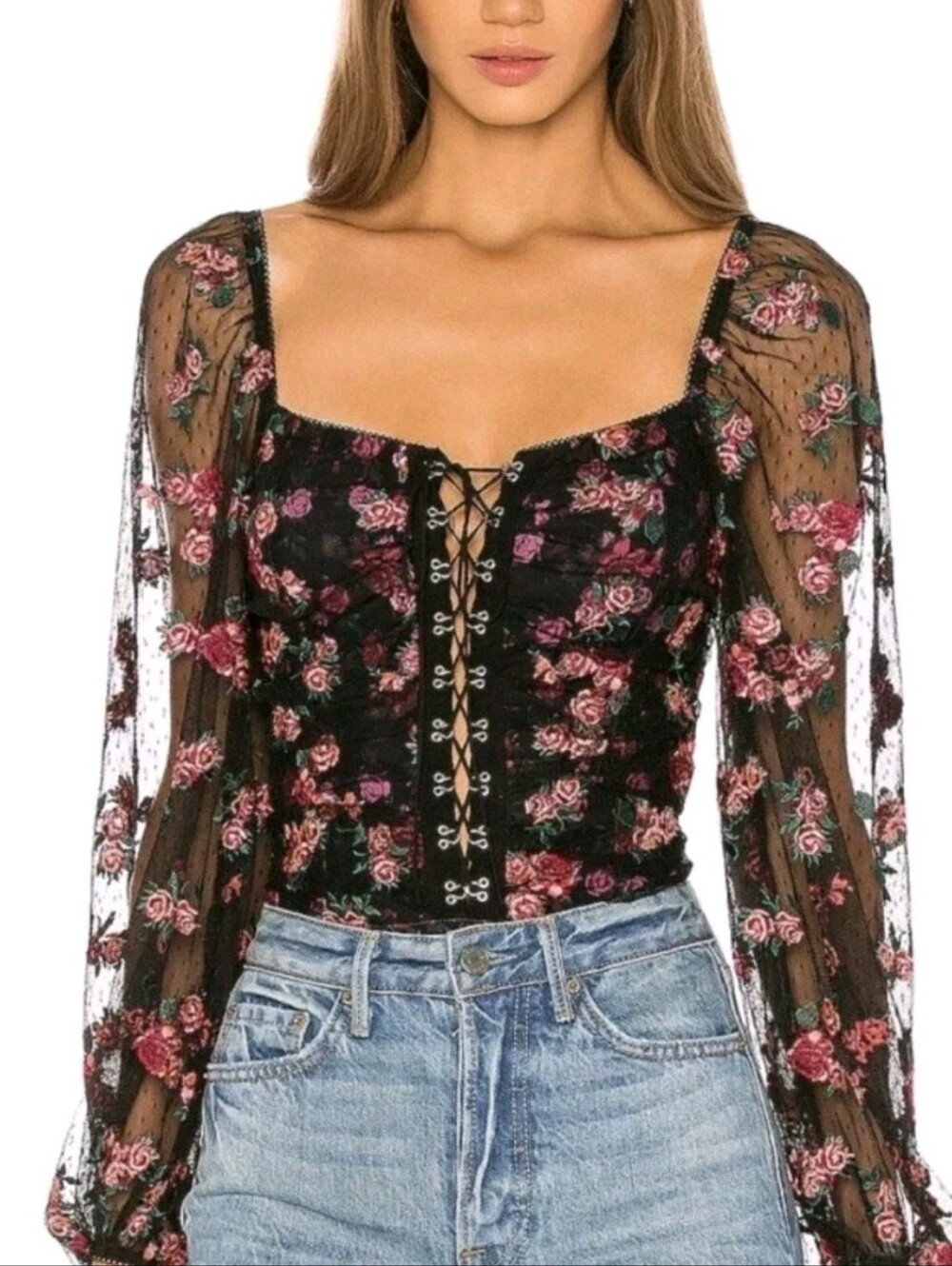 For Love And Lemons Floral Corset Black Pink Bodysuit Blouse Romantic Date Night